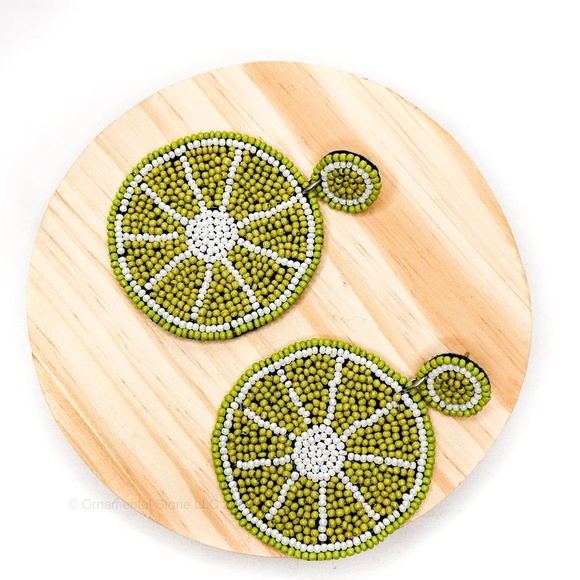 Lime Slice Beaded fruit Statement Earrings Green - Picture 2 of 5